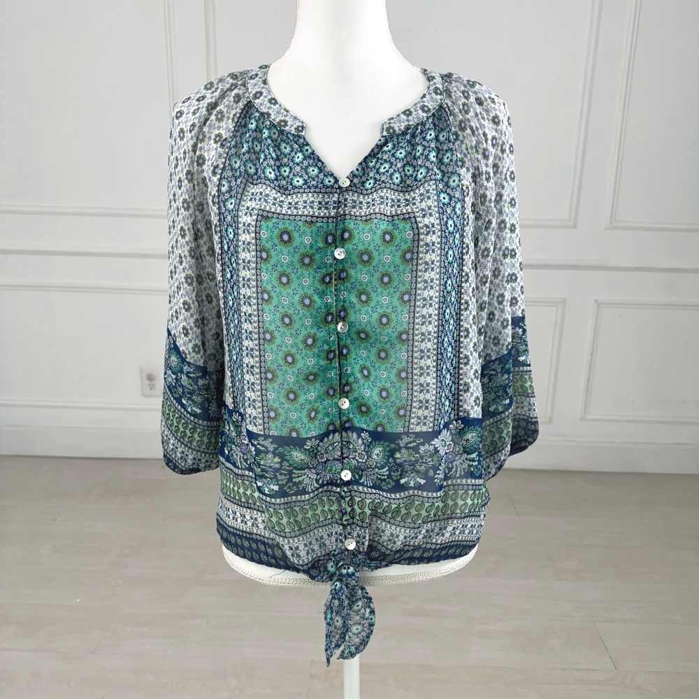 Fig and‎ Flower Peasant Top Blue Floral Paisley Boho Ethereal Blouse Women Small